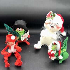 Vintage 90s Annalee Dolls Lot Of 4 Christmas Elf, Caroling Mouse, Dinosaur, Cat